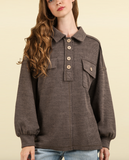 Collared Button Down Henley Knit Top W Pockets