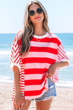 Stripe Patchwork Side Split Loose T Shirt