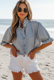 Ruffle Short Puff Sleeve Summer Chambray Shirt
