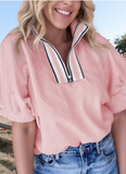 Colorblock Zipper Puff Sleeve Textured Blouse
