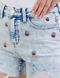 High Wasited Cherry Embroidery Acide Wash Shorts