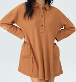Casual Shirt Collared Knit Henley Mini Dress