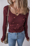 Notched Neck Floral Print Ribbed Long Sleeve Top