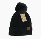 Woven Cable Knit Cuffed Matching Fur Pom C.c Beanie