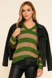 Green & Taupe Striped V-neck Sweater
