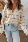 Multicolour Button Down Srtiped V Neck Cardigan