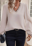 Contrast Scallop Trim V Neck Long Sleeve Top