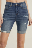 High Rise Distressed Long Bermuda Shorts