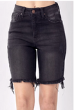 High Rise Fray Hem Mid Thigh Shorts