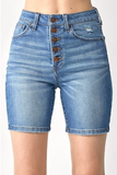 High Rise Button Fly Mid Thigh Shorts
