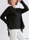 Round Neck Slub Knit Woven Top With Raw Edge Split Back