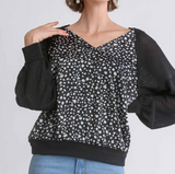 Animal Knit Woven Print Long Sleeve Top