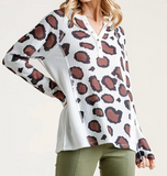 Animal Print Half Button Front Long Sleeve Waffle Knit Top With Raw Edged Detail