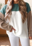 Green Color Block Plain Ribbed Knit Baggy Sweater