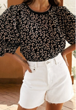 Leopard Puffy Sleeve Contrast Trim Round Neck Top