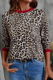 Leopard Print Contrast Trim Round Neck Top