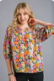 Multicolor Flower Print V-notched Top With Smocked Detail
