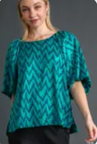 Chevron Balloon Sleeve Top With Side Slit Detail