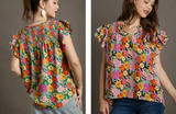 Split Neck Floral Printed York Top With Smocked Details And Layered Ruffle Sleeves