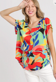 Short Sleeved Abstract Print Top. Featuring A Split Neckline And Rounded High Low Hemline