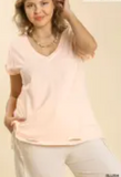 Gathered Short Sleeve V-neck Knit Top With A Distressed Hem And Side Slits