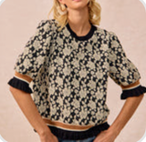 Textured Rose Knit Top Contrast Banded Puff Sleeves