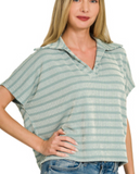Raised Rib Striped Collared Top