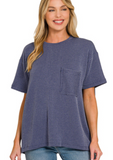 Raised Rib Short Sleeve Front Pocket Top