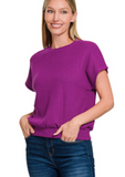 Round Neck Banded Botton Short Sleeve Sweater