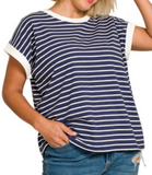 Contrast Trim Cap Sleeve Stripe Tee