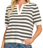 Split Neck Stripe Short Sleeve Sweater