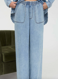 Washed Chambray Elastic Waist Wide Leg Pants