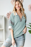 Short Sleeve Basic Collar Neck Urban Ribbed Contrast Top