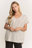 Short Sleeve V Neck Textured Stripe Knit Top With Relaxed Fit And Side Slit Detail