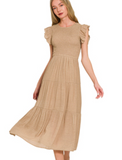 Woven Smocked Ruffle Sleeve Midi Dress