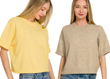 Ligth Weight Exposed Seam Short Sleeve Crop Sweater
