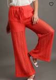 Crochet Lace Fabric Pants With Elastic Waistband & Drawstring Detail