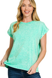 Crinkle Washed Round Neck Folded Short Sleeve Tee