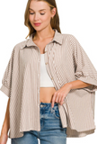 Oversized Stripe Button-down Stretch Knit Shirts