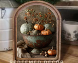 Arch Top Pumpkins In Bowl Framed Art