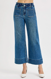 Elastic Band High Rise Crop Wide Leg Ruffle Band Jeans