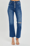 High Rise Crop Straight Button Down Distressed Jeans