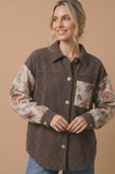 Collared Button Up Drop Shoulder Long Sleeve Floral Print Color Block Wave Rib