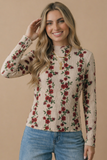 Mock Neck Floral Merrow Hem Rib Knit Top