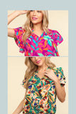 Frilled Notch Neck Tropical Leaf Woven Top