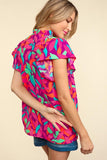 Frilled Notch Neck Tropical Leaf Woven Top