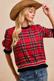 Christmas Plaid Contrast Banded Puff Sleeves Top