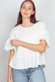 Crinkle Pom Pom Knit Puff Sleeve Babydoll Top