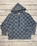 WASHED CHECKER DENIM HALF ZIP UP HOODIE